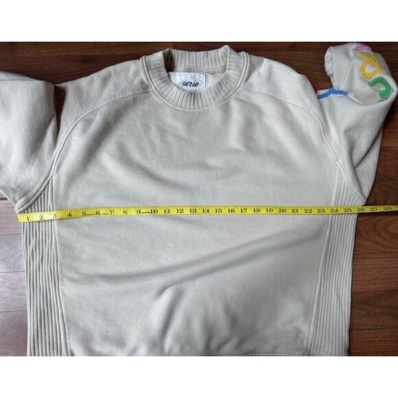 Aerie Down To Earth "CHEERS" Oversized Fleece Crew Sweatshirt Soft Oat SML EUC - Picture 6 of 7
